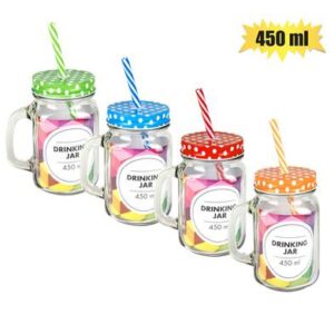 Drinking-jar gls + straw 450ml asstd col