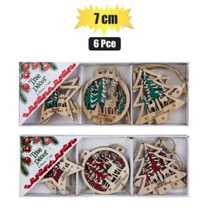 Xmas tree decor wooden ornament 7cm 6pc