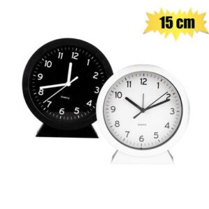 Clock alarm pl rnd on stand 15cm asstd